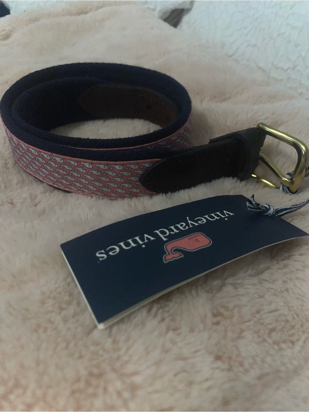 Vineyard Vines Pink Whale Pattern Webbed kids Belt with Navy Trim
